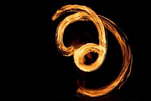 A beautiful shot of a person doing a fire Poi show in the dark photo