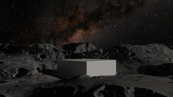 Empty white pedestal on moon surface with beautiful milky way scene, 3D podium for product showcase photo