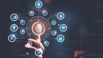 Concept for futuristic digital processing of biometric identification fingerprint scanner for access personal financial data. surveillance and security scanning of digital programs. photo