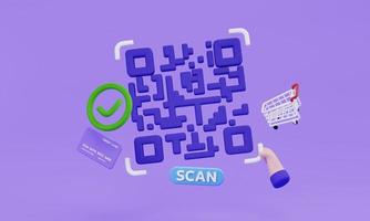 concepto de ilustración 3d escaneando código qr e iconos flotando sobre fondo de terciopelo foto