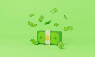 money stack and dollar falling concept on green background. USD bills money in bag. 3d rendering photo