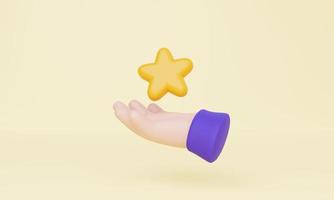 mano que sostiene la estrella sobre fondo amarillo pastel. estrella flotante representación 3d foto