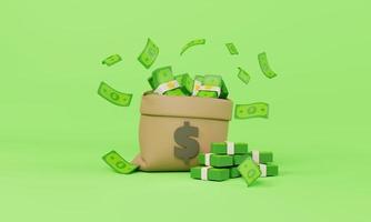 money in bag isolated on green background. Dollar falling concept. USD bills money in bag. 3d rendering photo