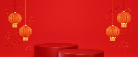red steps pedestal podium with Chinese lanterns for Chinese new year holiday. minimal abstract background for product presentation. 3d illustration photo