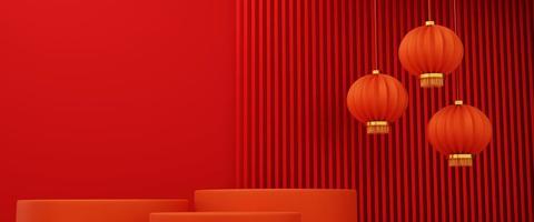 red steps pedestal podium with Chinese lanterns for Chinese new year holiday. minimal abstract background for product presentation. copy space 3d illustration photo