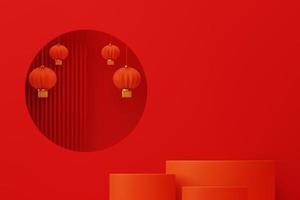 red steps pedestal podium with Chinese lanterns for Chinese new year holiday. minimal abstract background for product presentation. 3d illustration photo
