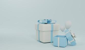 3d rendering blue and white present boxes and white balloons on pastel blue background. photo