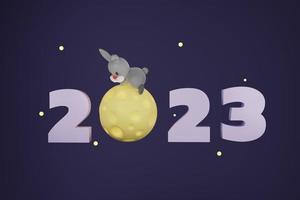 Conejo de texto de año nuevo 2023 calmando en la luna sobre fondo púrpura. ilustración 3d concepto de celebración de año nuevo foto