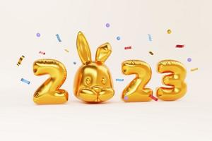 3d golden balloon numbers of 2023 new year and rabbit with confetti on pastel background. 3d illustration. new year celebration concept photo