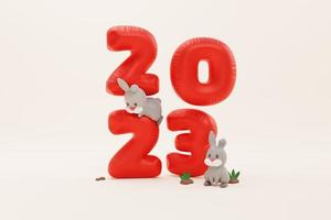 Números de globos rojos 3d del año nuevo 2023 con conejos. procesamiento 3d concepto de celebración de año nuevo foto