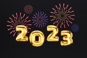 Números de globos dorados 3d del año nuevo 2023 con fondo de fuegos artificiales. concepto de celebración de año nuevo de ilustración 3d foto
