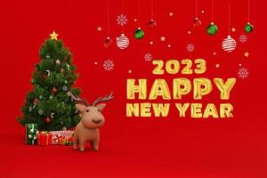 Christmas and new year background. reindeer, glass ball Christmas ornaments, snowflakes, present boxes, Christmas tree and star 3d illustration. 2023 new year celebration concept photo