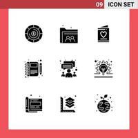 Set of 9 Vector Solid Glyphs on Grid for group pen invitation notebook moleskin Editable Vector Design Elements