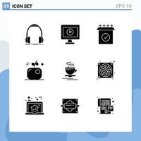 Group of 9 Modern Solid Glyphs Set for hot tea product science education Editable Vector Design Elements