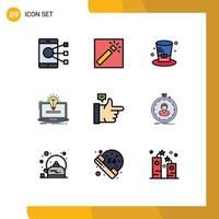 paquete de 9 signos y símbolos modernos de colores planos de línea rellena para medios de impresión web, como la solución de retoque de ideas de solución, utiliza elementos de diseño de vectores editables