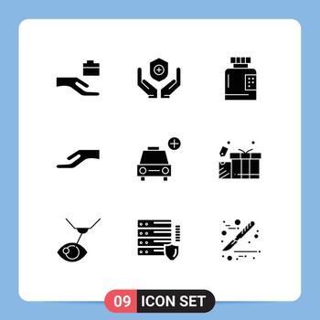 Pictogram Set of 9 Simple Solid Glyphs of add car disease share alms Editable Vector Design Elements