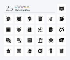 marketing y seo 25 paquete de iconos de glifos sólidos que incluye globo con candado. globo. SEO seguridad. posicionamiento web vector