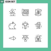 Set of 9 Vector Outlines on Grid for gym dumbbell agriculture intellect apple Editable Vector Design Elements