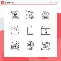 Universal Icon Symbols Group of 9 Modern Outlines of power battery public sign summer mussel Editable Vector Design Elements