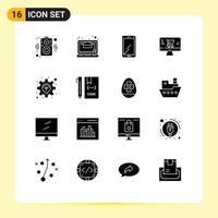 Set of 16 Vector Solid Glyphs on Grid for development idea mobile business online Editable Vector Design Elements