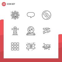 Set of 9 Modern UI Icons Symbols Signs for crystal tower dj lighthouse beach Editable Vector Design Elements