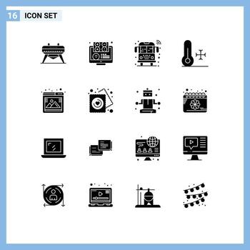 Editable Vector Line Pack of 16 Simple Solid Glyphs of gallery thermometer online temperature transport Editable Vector Design Elements