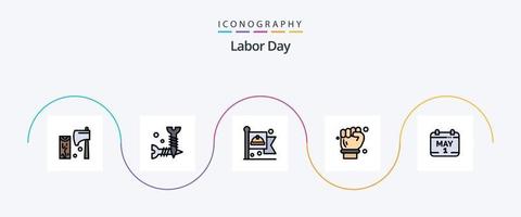 la línea del día del trabajo llenó el paquete de iconos planos 5 que incluye el calendario. ingeniero. tornillos. arquitecto. Trabajo vector