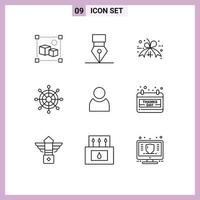 Modern Set of 9 Outlines Pictograph of calendar user discount avatar marine Editable Vector Design Elements