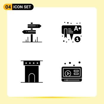 Set of 4 Vector Solid Glyphs on Grid for direction architecture room learning historic Editable Vector Design Elements