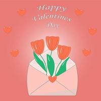 valentine card red flowers envelope on pink background valentine's day vector