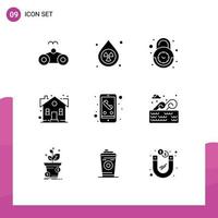 Set of 9 Commercial Solid Glyphs pack for property house alarm home security Editable Vector Design Elements