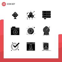 Editable Vector Line Pack of 9 Simple Solid Glyphs of focus space devices planet sun Editable Vector Design Elements