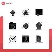 Editable Vector Line Pack of 9 Simple Solid Glyphs of focus space devices planet sun Editable Vector Design Elements