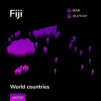 Fiji 3D map. Stylized neon isometric striped vector Map of Fiji is in violet and pink colors on black background. Educational banner.