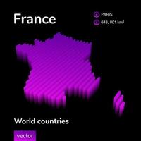 France 3D map. Stylized neon digital isometric striped vector Map of France in violet and pink colors on the black background