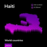 Haiti 3D map. Stylized neon isometric striped vector Map of Haiti is in violet colors on black background. Educational banner