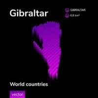 Gibraltar 3D map. Stylized neon simple digital isometric striped vector Map of Gibraltar in violet and pink colors on the black background