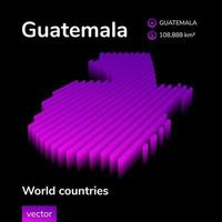 Guatemala 3D map. Stylized neon simple digital isometric striped vector Map of Guatemala is in violet colors on black background