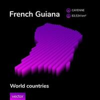 French Guiana 3D map. Stylized neon simple digital isometric striped vector Map is in violet colors on black background. Educational banner