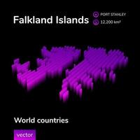 mapa 3d de las islas malvinas. el mapa vectorial isométrico digital de neón rayado estilizado de las islas malvinas está en colores violetas sobre fondo negro