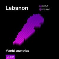 Lebanon 3D map. Stylized neon simple digital isometric striped vector 3d Lebanon map. Map of Lebanon is in violet colors on black background