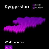 Kyrgyzstan 3d map. Stylized neon simple digital isometric striped vector Map of Kyrgyzstan is in violet colors on black background