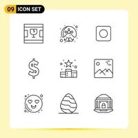 Pack of 9 Modern Outlines Signs and Symbols for Web Print Media such as rating media wearing money currency Editable Vector Design Elements