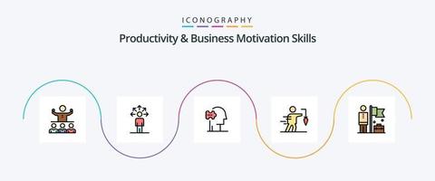 la línea de habilidades de productividad y motivación empresarial llenó el paquete de iconos planos 5 que incluye el objetivo. extrínseco. humano. negocio. soluciones vector