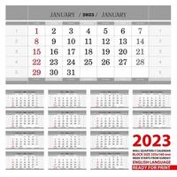 2023 Wall calendar in English languages. Week start from Sunday. vector
