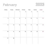 calendario de pared simple para febrero de 2023 con líneas punteadas. el calendario está en inglés, la semana comienza el lunes. vector