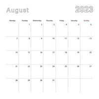 calendario de pared simple para agosto de 2023 con líneas punteadas. el calendario está en inglés, la semana comienza el lunes. vector