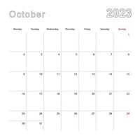 Simple wall calendar for October 2023 with dotted lines. The calendar is in English, week start from Monday. vector