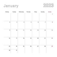 calendario de pared simple para enero de 2023 con líneas punteadas. el calendario está en inglés, la semana comienza el lunes. vector