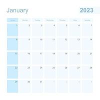 Planificador de pared de enero de 2023 en color azul, la semana comienza el domingo. vector